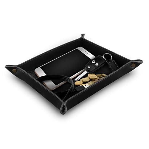 Londo OTTO203 - Bandeja de Cuero Real - Organizador - Práctica Caja de Almacenamiento para Carteras, Relojes, llaves, Monedas, Teléfonos Celulares y Equipos de Oficina (Negro)