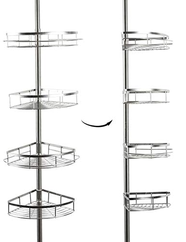 Lonior Estantería de Baño Estantería de Esquina Telescópica Acero inoxidable Estantería de Ducha para Baño y Cocina Altura Ajustables 110-280cm con 4 Cestos y 2 Toallero