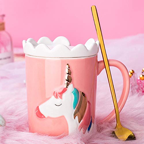 lookmoon Tazas con Tapa Cuchara Creative Ins Inicio Niño Desayuno Taza Niña Taza De Cerámica Oficina Mujer Tazas De Té-Rosa-400Ml