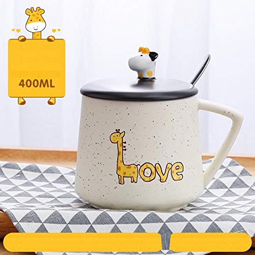 lookmoon Tazas con Tapa Cuchara De Cerámica De Cerámica Lindo Creativo Taza De Café Inicio Estudiante Niños Desayuno Copas De Avena-Jirafa_B-400Ml