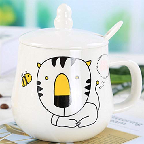 lookmoon Tazas con Tapa Cuchara Hogar con Escala Hogar Taza De Desayuno para Niños Taza De Cerámica Taza De Leche Tazas De Cerámica del Zodiaco-Tigre-300Ml