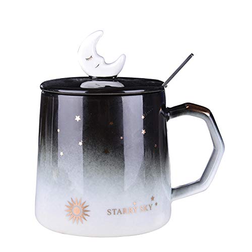 lookmoon Tazas con Tapa Cuchara Luna Universo Hogar Niños Taza De Leche Taza De Cerámica Simple Mujer Café Pareja Tazas De Agua-Sun-400Ml