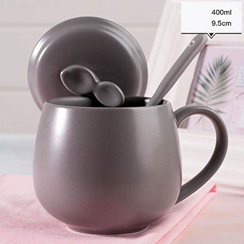 lookmoon Tazas con Tapa Cuchara Personalidad Creativa Taza de Cerámica Tendencia Pareja Inicio Niños Desayuno Taza Femenina Cute Coffee Cups-Gray-400Ml