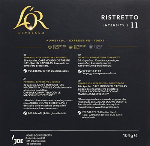 L'Or Café Espresso Ristretto, Intensidad 11, 2 paquetes x 20 Cápsulas de aluminio compatibles con cafeteras Nespresso®*