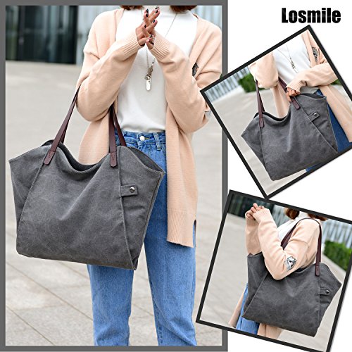 LOSMILE Mujer Bolsos de mano lona bolsos de hombro Bolsos totes Bolsos bandolera Shoppers Bolsa de playa. (Gris)