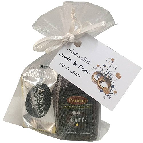 Lote con miniatura de licor de café Panizo con surtido de napolitanas de chocolate en bolsa de organza (Pack 24 ud)