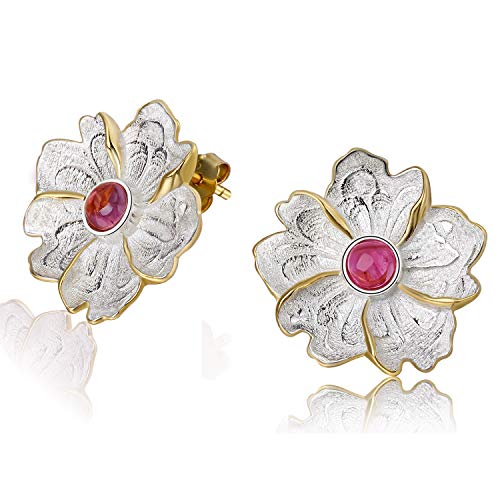 Lotus Fun S925 - Pendientes de Tuerca de Plata de Ley con Piedra Natural y Flor de peon¨ªa para Mujeres y ni?as, Hechos a Mano