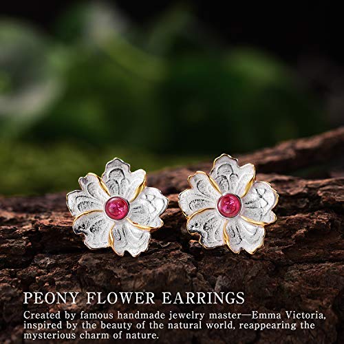 Lotus Fun S925 - Pendientes de Tuerca de Plata de Ley con Piedra Natural y Flor de peon¨ªa para Mujeres y ni?as, Hechos a Mano