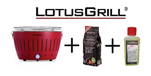 LotusGrill - Nuevo Modelo 2019 - Barbacoa Rojo con baterías y Cable de alimentación USB + 1 Kg Bolsa Carbón de Haya + 200 Ml Gel Bioetanol - ¡Paquete Exclusivo de YesEatIs!