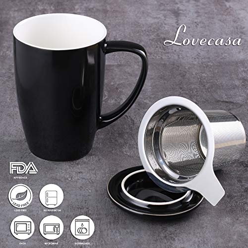 LOVECASA Tazas de Té con Tapa y Filtro Acero inoxidable 450 ML, Taza Tisana de Porcelana Negra