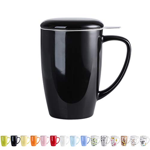 LOVECASA Tazas de Té con Tapa y Filtro Acero inoxidable 450 ML, Taza Tisana de Porcelana Negra