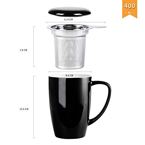 LOVECASA Tazas de Té con Tapa y Filtro Acero inoxidable 450 ML, Taza Tisana de Porcelana Negra