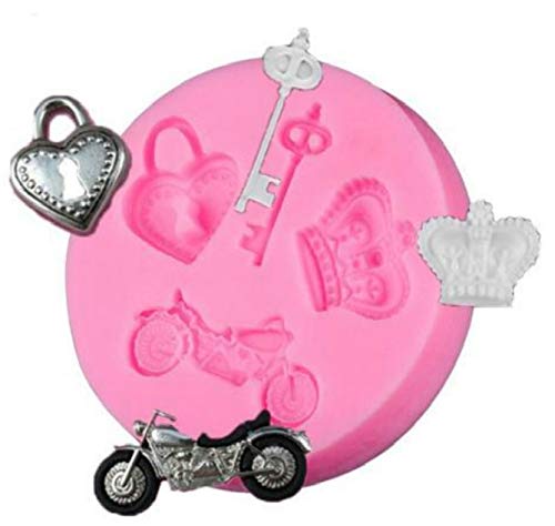 Lovelegis Molde de Silicona para Uso alimentario - SA152 - Corona - Candado - Llave - Moto - Pasta de azúcar - Fondant - Tarta - Pancake - Muffin - Decoraciones - Cocina