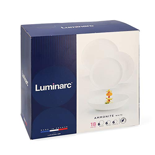 Luminarc 9319101 Vajilla de vidrio opal extra resistente para 6 personas, 18 piezas, Sin BPA, Hecha en Francia