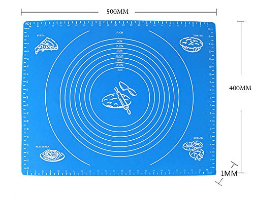 LuoCoCo Estera para Hornear de Silicona con Medidor, 50x40cm Antiadherente Reutilizable Estera de Silicona para Reposteria, Antideslizante para Hacer Galletas/Pasta/Macarrones/Pan y Pasteles (Azul)