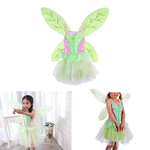 LUOEM Disfraz Hada Niña Alas de Hada Mariposa y Vestido Disfraz Campanilla Niña Verde Rosa Talla M 110-125cm