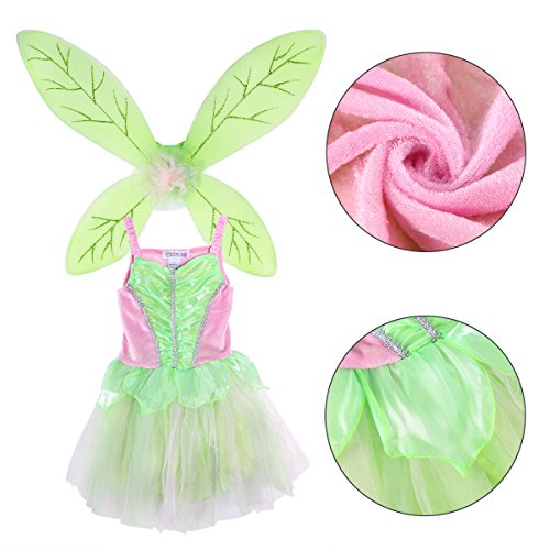 LUOEM Disfraz Hada Niña Alas de Hada Mariposa y Vestido Disfraz Campanilla Niña Verde Rosa Talla M 110-125cm