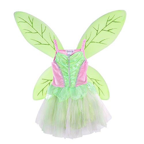 LUOEM Disfraz Hada Niña Alas de Hada Mariposa y Vestido Disfraz Campanilla Niña Verde Rosa Talla M 110-125cm