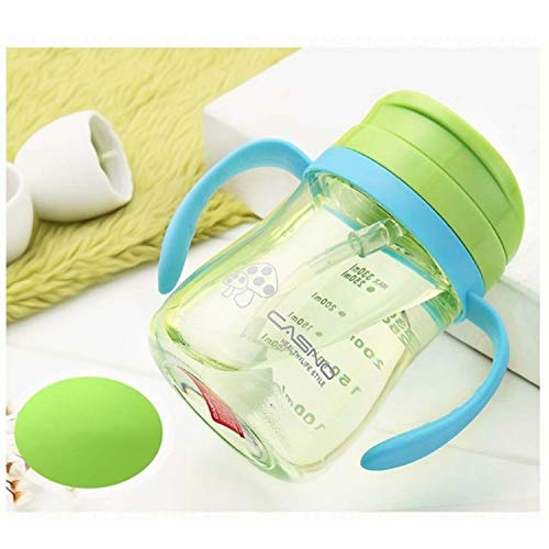 Luoshan 330ML Resistente a los Golpes del bebé Tazas de Sippy niños Botellas for bebé Los niños aprenden Beber Doble Beber Jugo de Paja Maneja Resbalado Alimentación (Verde Azul)