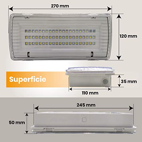 Luz de Emergencia LED estanca 8w. IP65, superficie, 450 lumenes, 2 Horas de Autonomía Color Blanco Frío (6500K). Impermeable, resistente al agua.