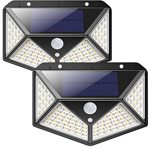 Luz Solar Exterior, iPosible [Versión Actualizada] 100 LED Foco Solar con Sensor de Movimiento Gran Ángulo 270º Impermeable Inalámbrico Lámpara Solar 3 Modos Inteligentes para Jardín, Garaje 2-Paquete