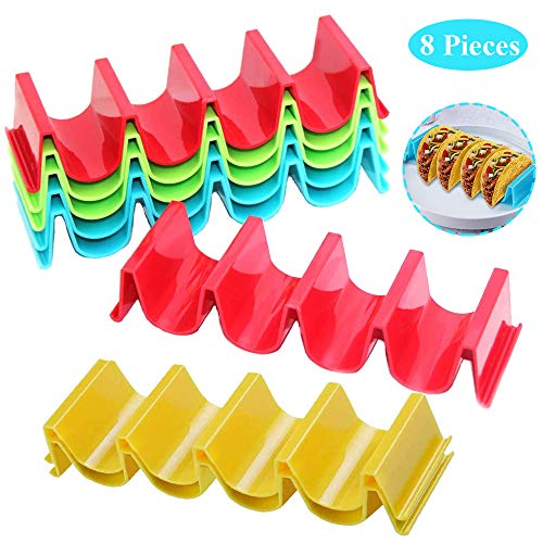 LWZko 8 Piezas Soporte para Tacos, Soportes Tacos para Fiestas, Mexicanos Bandejas Porta Tacos, Plástico ABS Soporte Taco hasta 4 Tacos Cada Uno para Restaurante, Hogar, Picnic, Fiesta(4 Colores)