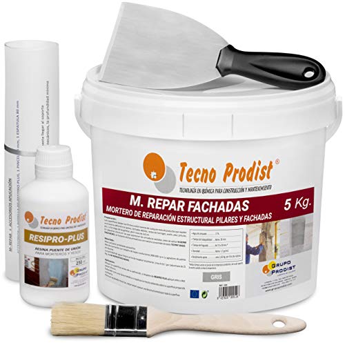 M-REPAR FACHADAS de Tecno Prodist - (5 Kg + Kit) Mortero estructural para reparaciones de fachadas, cornisas, pilares. - Contiene cemento, áridos y fibras especiales - Incluye kit aplicación