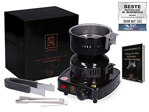 M. ROSENFELD Hornillo Eléctrico Cachimba Shisha – Cocina Hornillo Electrico con Rejilla – Fire Tower 3.0 – Encendedor Carbon Shisha Bajo Consumo– (Hornillo Cachimba Hookah Shisha 450 W Negro) (Negro)