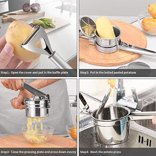 Machacador de Patatas de Acero Inoxidable con 3 Discos Intercambiables y Pelador Potato Ricer para Vegetales Frutas Prensa Trituradora para Puré de Papas,Mermelada,Comida para Bebé,Jugo,Exprimir Limón