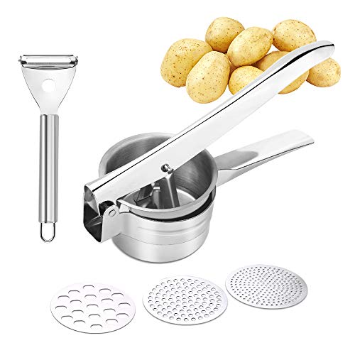 Machacador de Patatas de Acero Inoxidable con 3 Discos Intercambiables y Pelador Potato Ricer para Vegetales Frutas Prensa Trituradora para Puré de Papas,Mermelada,Comida para Bebé,Jugo,Exprimir Limón