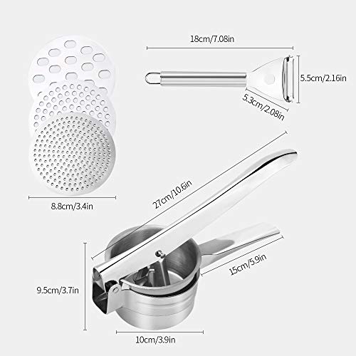 Machacador de Patatas de Acero Inoxidable con 3 Discos Intercambiables y Pelador Potato Ricer para Vegetales Frutas Prensa Trituradora para Puré de Papas,Mermelada,Comida para Bebé,Jugo,Exprimir Limón