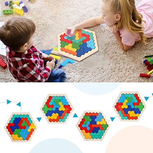 Madera Hexagon Juguete Tangram Rompecabezas de Entrenamiento Cerebral Montessori Geometría Lógica IQ Juego de Regalo de Cumpleaños Educativo Bloque de construcción Inteligencia Juego Preescolar