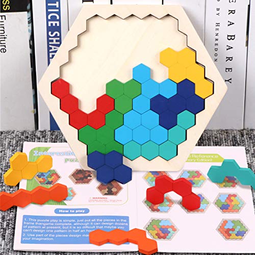 Madera Hexagon Juguete Tangram Rompecabezas de Entrenamiento Cerebral Montessori Geometría Lógica IQ Juego de Regalo de Cumpleaños Educativo Bloque de construcción Inteligencia Juego Preescolar