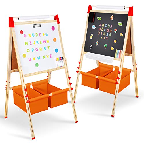 Magicfun Caballete Pintura Niños, 2 en 1 Pizarra de Madera, Pizarra Blanca Magnética con Letras, Números, Tizas, Rotuladores y Muchos Accesorios, Juguete Educativo Regalo Niños 3 a 8 Años