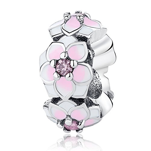 Magnolia Bloom - Espaciador para pulsera, de esmalte de color rojo cereza pálido, circonita cúbica rosa y plata de ley 925, compatible con y otras pulseras de abalorios europeas