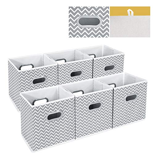 MaidMAX Cubos de Almacenaje, Cajas Plegables de Tela con Doble Mango de Plástico, para Casa, Oficina, Zigzag Gris/Blanco, 6 pcs, 26,6 x 26,6 x 27,9 cm