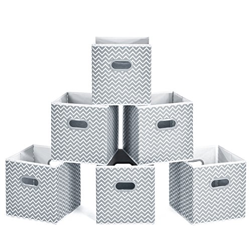 MaidMAX Cubos de Almacenaje, Cajas Plegables de Tela con Doble Mango de Plástico, para Casa, Oficina, Zigzag Gris/Blanco, 6 pcs, 26,6 x 26,6 x 27,9 cm