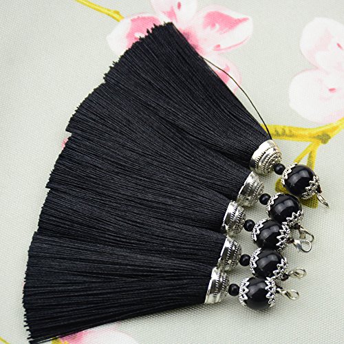 Makhry 10 Piezas de 4,5 Pulgadas Hecho a Mano Sedoso Floss Lobster Cierre Borla Llavero Cuentas marcapáginas Borla Colgante para DIY Craft Joyas Pendientes Mujeres (Negro, Corto)