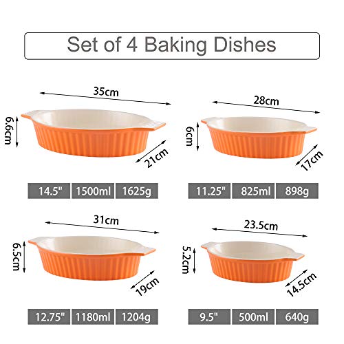 MALACASA Serie Bake.Bake Juego de Bandejas para Horno Molde Pan de Cerámica y Hornear Molde para Horno y Cocina, Juego de 4 Unidades (23,5 cm, 28 cm, 31 cm, 35 cm), Color Naranja