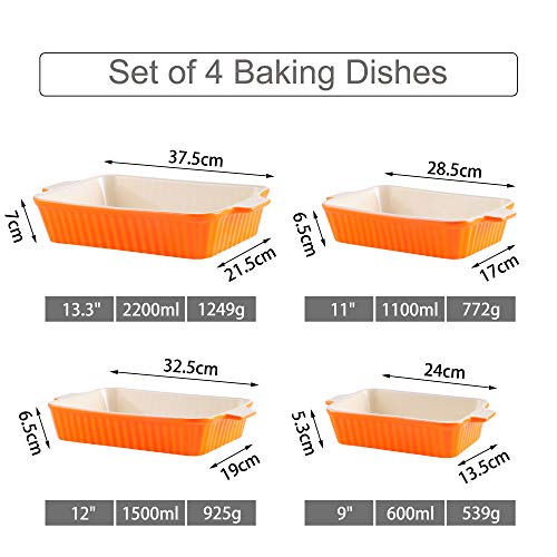 MALACASA Serie Bake.Bake, Set de 4 Fuentes para Horno, Molde de Horno para Platos Ideales para Lasañas, Pasteles, Tapas, Porcelana, Naranja