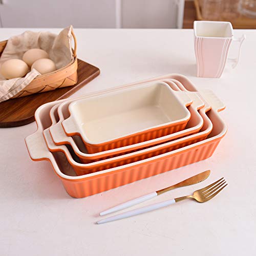 MALACASA Serie Bake.Bake, Set de 4 Fuentes para Horno, Molde de Horno para Platos Ideales para Lasañas, Pasteles, Tapas, Porcelana, Naranja