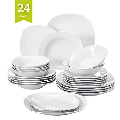 MALACASA, serie Elisa, 24 piezas Juegos de Vajilla de Porcelana, 6 Platos planos, 6 Platos de postre, 6 platos de Sopa, 6 cuencos de creales vajilla para 6 personas