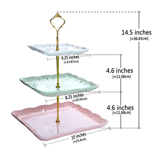 MALACASA, Serie Sweet.Time, Bandejas para Tartas, (10" 8.2" 6") 3 Capas de Placas Porcelana, El Colgante de Plata para Postres, Frutas