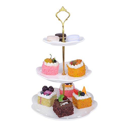 MALACASA serie Sweet.Time, Bandejas para Tartas, Vajilla de Porcelana 3 Capas de Placas, (6" 8" 10") El Colgante de Oro para Postres, Frutas, Magdalenas，Color Blanco