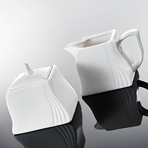 MALACASA, Series Amparo, 3 Piezas Jarra de Leche de Porcelana Juego de Vajillas y Azucarero con Tapa, Ayudante de Cocina Color Blanco