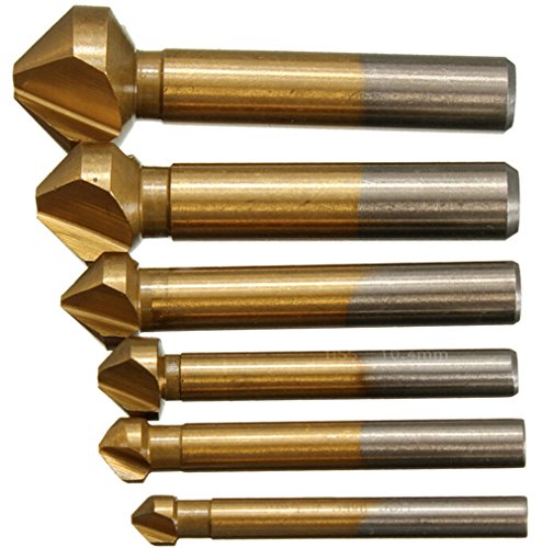 Malayas® Avellanadores HSS 90º Juego de 6Pzas Brocas Avellanadoras Enchapado de Titanio de Ø 6.3mm 8.3mm 10.4mm 12.4mm 16.5mm 20.5mm con 3 Alas de Corte, para Madera Metal Aluminio