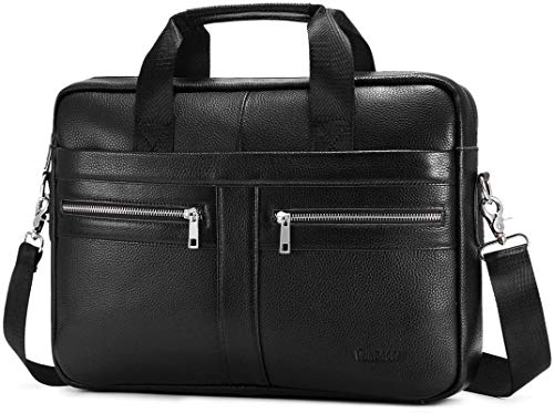 Maletín de Negocios Portadocumentos de Cuero Bolso Hombre para Portátil de 14 Pulgadas Piel Bolso Estudiantes Trabajo Mensajero Satchel,Negro