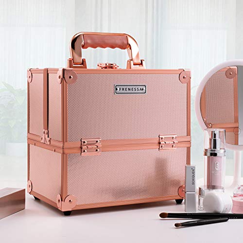 Maletín para Maquillaje Vacío Profesional Impermeable Caja Neceser Maleta Estuche Organizador de Viaje Cosméticos con Cerradura y Llave 25x18x23.5cm, Oro Rosa