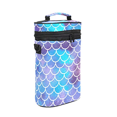 Malpleda - Bolsa para 2 botellas de vino, diseño de escamas de sirena, color azul y morado, con acolchado externo grueso, fácil de transportar para viajes, picnics