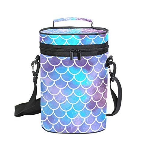 Malpleda - Bolsa para 2 botellas de vino, diseño de escamas de sirena, color azul y morado, con acolchado externo grueso, fácil de transportar para viajes, picnics